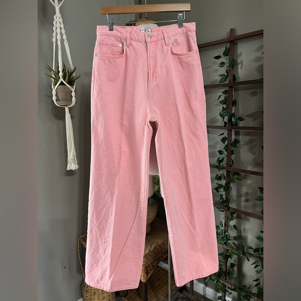▪️Free People High Rise Pink Pinstripe Striped Astoria Wide Straight Leg - Picture 2 of 15